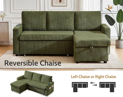WEUP 82" L Shaped Sectional Sleeper Sofa Bed with Pull Out Bed, Sectional Sleeper Couch Pull Out Couch with Reclining Backrest/Reversible Storage Chaise/USB Ports/Tool-Free Assembly, Corduroy Green