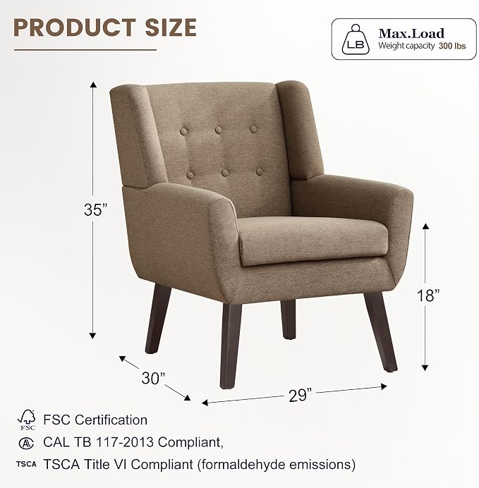 HUIMO Accent Chair, Upholstered Button Tufted Armchair, Linen Fabric Sofa Chairs for Bedroom, Living Room, Mid-Century Modern Comfy Reading Chair (4 PCS, Brown)