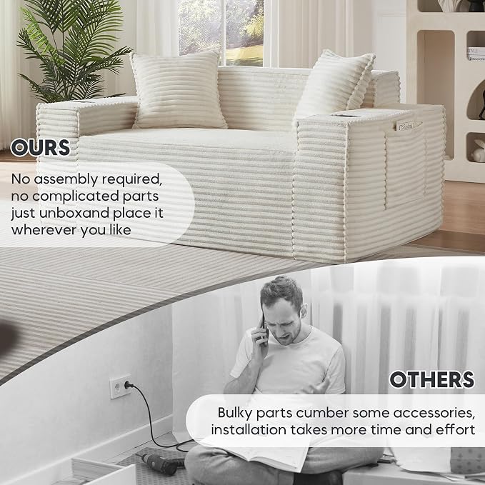 Boneless Sectional Sofa Couch with Cup Holders & Side Pockets, Modern Corduroy Fabric Deep Seat Loveseat Cloud Couch for Living Room Office, No Assembly (White)