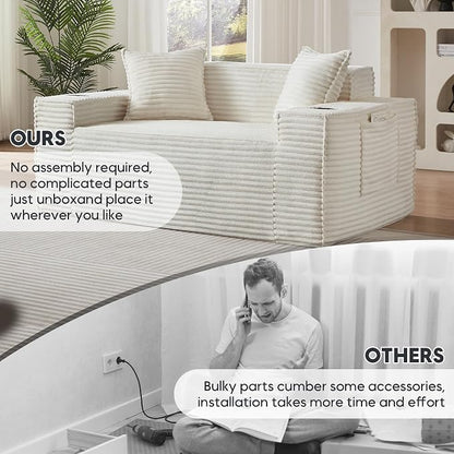 Boneless Sectional Sofa Couch with Cup Holders & Side Pockets, Modern Corduroy Fabric Deep Seat Loveseat Cloud Couch for Living Room Office, No Assembly (White)