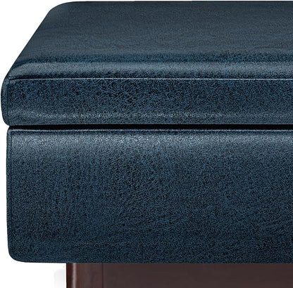 SIMPLIHOME Owen Coffee Table Storage Ottoman - 34" Wide x 19" High Upholstered Vegan Leather Rectangular Lift-Top Ottoman in Distressed Dark Blue, Mid-Century Modern Bench with Tapered Legs
