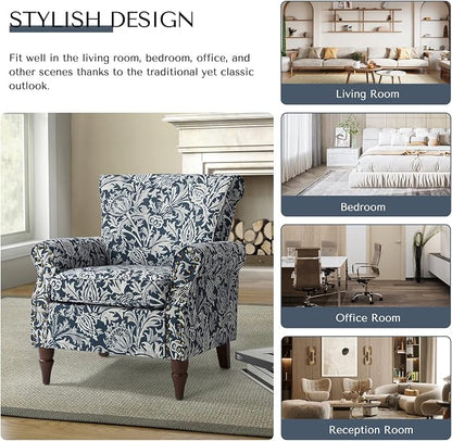 HULALA HOME Modern Wingback Accent Chair with Wood Legs & Removable Cushion, Comfy Upholstered Armchair with Nailhead Trim, Floral Pattern Single Sofa Chair for Living Room Bedroom, Navy