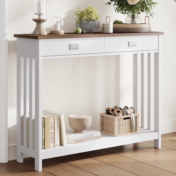 ChooChoo 47" Farmhouse Entryway Table with Drawer, Narrow Console Table with Storage Shelf, Sofa Table for Living Room, Entryway, and Hallway, White and Brown