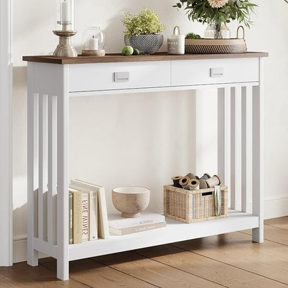 ChooChoo 47" Farmhouse Entryway Table with Drawer, Narrow Console Table with Storage Shelf, Sofa Table for Living Room, Entryway, and Hallway, White and Brown