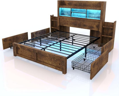 LUXOAK Queen Bed Frame with 49.6" Bookcase Headboard & 2 Detachable Bedside Stoage Racks & 4 Drawers, Farmhouse Wood Bed Frame with RGB LED & Charging Station, No Box Spring Needed, Rustic Brown