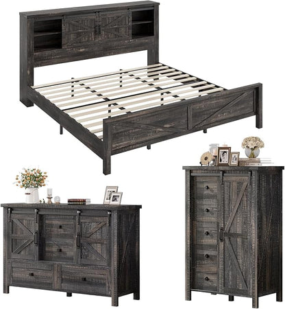 AMERLIFE 3-Piece Farmhouse Bedroom Set, King Size Bed with Sliding Barn Doors & Bookcase Headboard, 5-Drawer Tall Dresser, 4-Drawer Wide Dresser, Black Oak