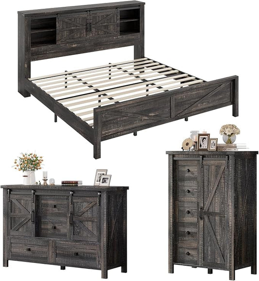 AMERLIFE 3-Piece Farmhouse Bedroom Set, King Size Bed with Sliding Barn Doors & Bookcase Headboard, 5-Drawer Tall Dresser, 4-Drawer Wide Dresser, Black Oak