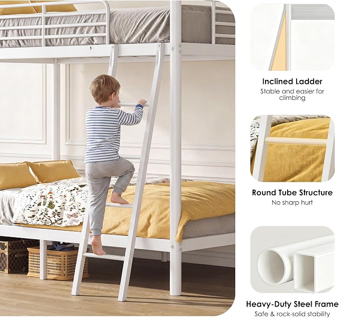 Bunk Bed Twin Over Twin, More Sturdy Heavy Duty Metal Bunk Bed with Angled Ladder for Teens and Adults, Used for Spaces-Saving, Apartment or Dorm, Noise Free & Easy Assembly, White
