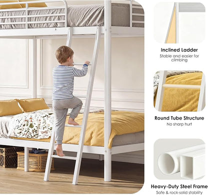 Bunk Bed Twin Over Twin, More Sturdy Heavy Duty Metal Bunk Bed with Angled Ladder for Teens and Adults, Used for Spaces-Saving, Apartment or Dorm, Noise Free & Easy Assembly, White