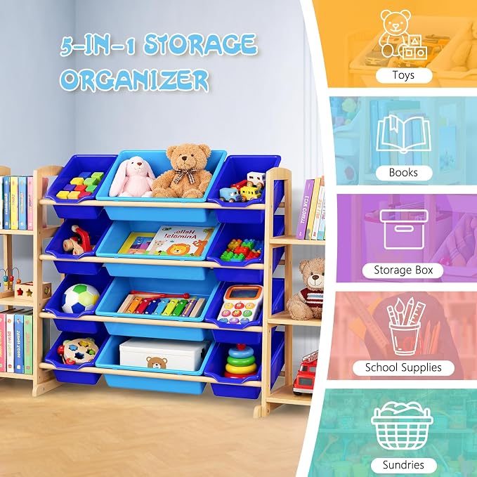Kids Toy Storage Organizer with Bookshelf – Wooden Shelf with 12 Bins & 6 Shelves, Quick Assembly Storage Rack for Playroom, Bedroom, Nursery– Blue