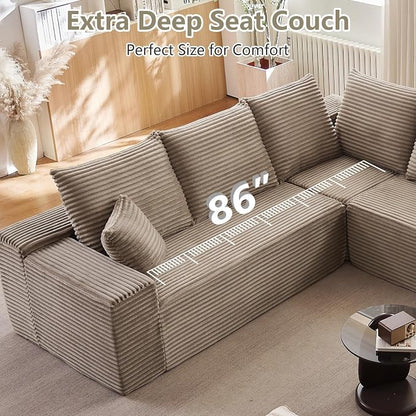 Sectional Cloud Couch for Living Room, Modern Modular Floor Deep-Seat Sofa, Upholstered L Shaped Sofas, Big Comfy Corduroy Couches Set for Living Room Bedroom, No Assembly Required, Camel