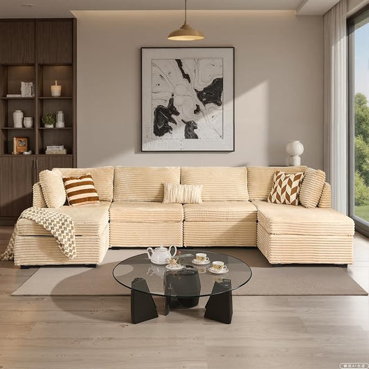 ovios Modular Sectional Sofa Couch with U-Shape Chaise Ottomans, Comfy Plush Corduroy Cloud Couches, Modern Luxury Deep Seat Sofas Set for Living Room, 6-Seater, Beige
