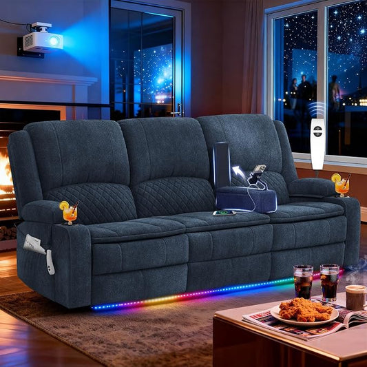 Power Loveseat Recliner Sofa, Removable Armrest 3 Seats Power Reclining Loveseat with Remote Liftable Console, Wall Hugger RV Theater Seating with Storage & USB & RGB (Fabric, Blue)