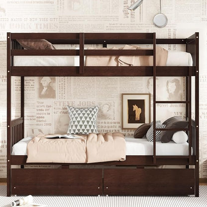 Harper & Bright Designs Twin Over Twin Bunk Bed with 2 Drawers, Convertible into 2 Twin Beds, Twin Bunk Bed with Ladder and Safety Guardrails, Espresso