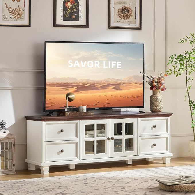 SAVOR LIFE Farmhouse TV Stand and Coffee Table Set 4, Rustic Wood Living Room Table Set with TV Console, Center Table, End Table Set of 2 for Living Room, White