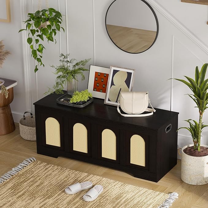 DINZI LVJ Storage Chest, 47.2" Rattan-Like Toy Box with 2 Safety Hinges, Wooden Entryway Storage Bench with Flip-Top, Large Trunk for Living Room, Bedroom, Easy Assembly, Espresso and Natural