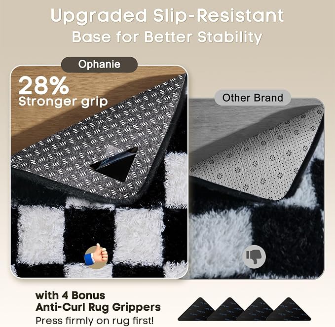 Ophanie Checkered Black & White Rug for Living Room Bedroom,Fluffy Soft Cute Fuzzy Area Rugs,Shag Plush Shaggy Bedside Floor 4x6 Furry Carpet Kids Baby Teen Dorm Decor with Over 99 pcs Pile fibers