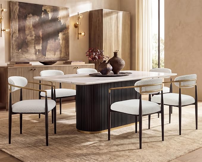 Morden Fort Marble Dining Table Set for 6, 70" Modern Dining Table with White Faux Marble Top and 6 Boucle Upholstered Chairs for Kitchen and Restaurant