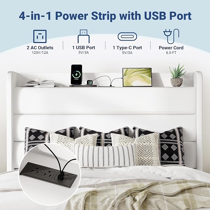 Allewie Queen Size Upholstered Bed Frame with Charging Station & Storage Headboard, Soft Velvet Wingback Platform Bed, Strong Wooden Slats Support, No Box Spring Needed, Easy Assembly, White