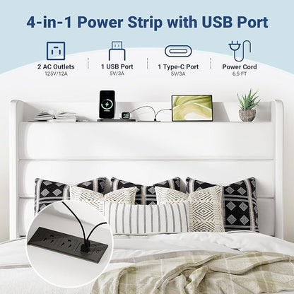 Allewie Queen Size Upholstered Bed Frame with Charging Station & Storage Headboard, Soft Velvet Wingback Platform Bed, Strong Wooden Slats Support, No Box Spring Needed, Easy Assembly, White