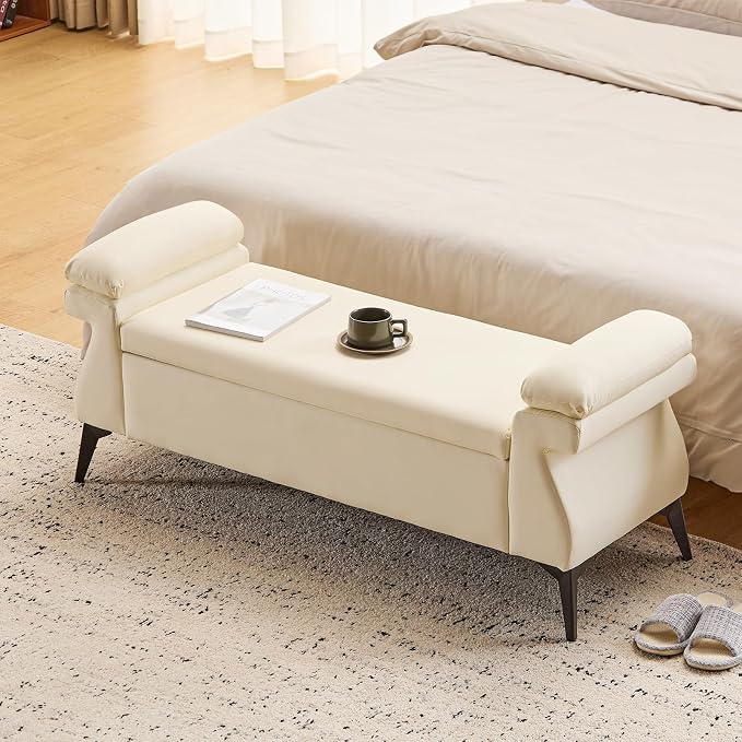 Furniliving 51”Ottoman with Storage, Upholstered End of Bed Bench with Armrest Cushion, Ottoman Bench, Faux Leather Bedroom Bench, Bed Bench with Storage, for Living Room, Entryway, Beige