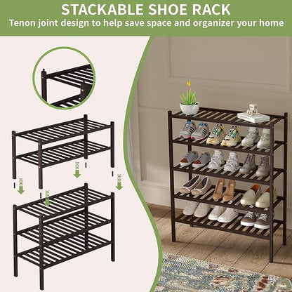 ROMGUAR CRAFT 2 Tier Bamboo Shoe Rack for Closet Free Standing Wood Shoe Shelf for Entryway Small Space Stackable 27"x11"x13" (Brown)