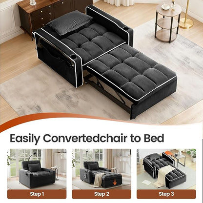 4 in 1 Sleeper Chair, Velvet Pull Out Chair Sleeper with Bracket and Cup Holder, Chairs Bed Sleepers with USB Port for Adults, Sofa Bed Chairs for Small Spaces, Living Room, Black