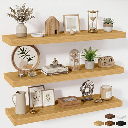 Fun Memories Floating Shelves Set of 3, 40 Inch Long Wooden Wall Shelves, 10 Inch Deep Wall Mounted Storage Shelf with Metal Brackets for Living Room, Bathroom, Bedroom and Kitchen, Oak
