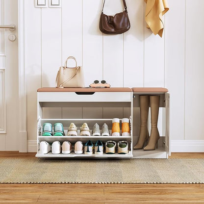 34" Storage Bench with Flip Drawers and Barn Doors, Adjustable Shelf, Flip-up Cabinet & Padded Cushion - Space-Saving Shoe Cabinet, Organizer for Entryway, Hallway, Bedroom