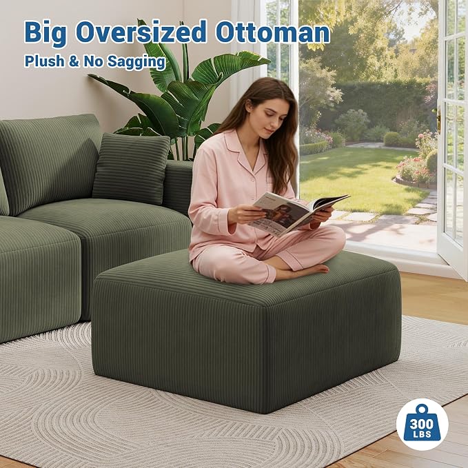 40" Oversized Square Corduroy Ottoman Pouf - Poofy Soft Foot Rest with Foam Chunk Filling, Movable Large Ottoman Pouf Footstool for Living Room Sofa Couch Bedroom, Green(1 Piece)