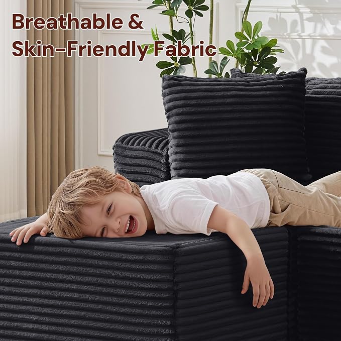 Korser Boneless Couches for Living Room, Cloud Couch Sectional with Ottoman, L-Shaped Sofa with Fluffy Comfy Corduroy Deep Seat, Bedroom, Apartment, No Assembly Required