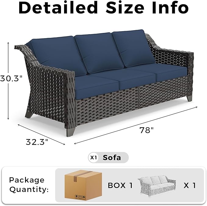 77'' Patio Sofa, All Weather Outdoor Rattan Wicker 3-Seat Sofa High Back Couch with Premium Cushions for Garden Backyard Porch(Brown/Navy)