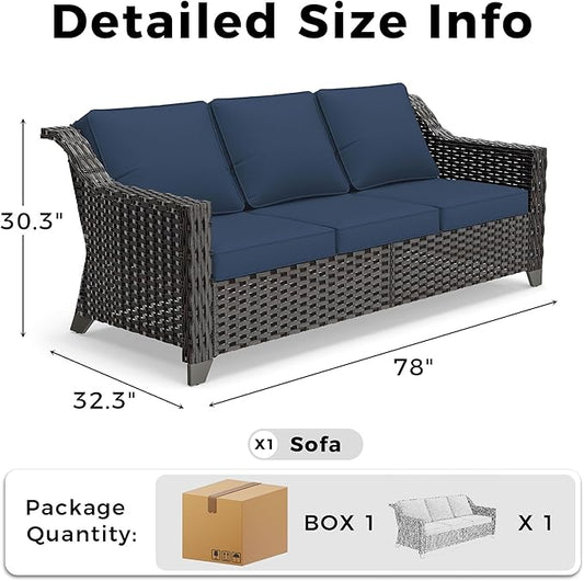 77'' Patio Sofa, All Weather Outdoor Rattan Wicker 3-Seat Sofa High Back Couch with Premium Cushions for Garden Backyard Porch(Brown/Navy)