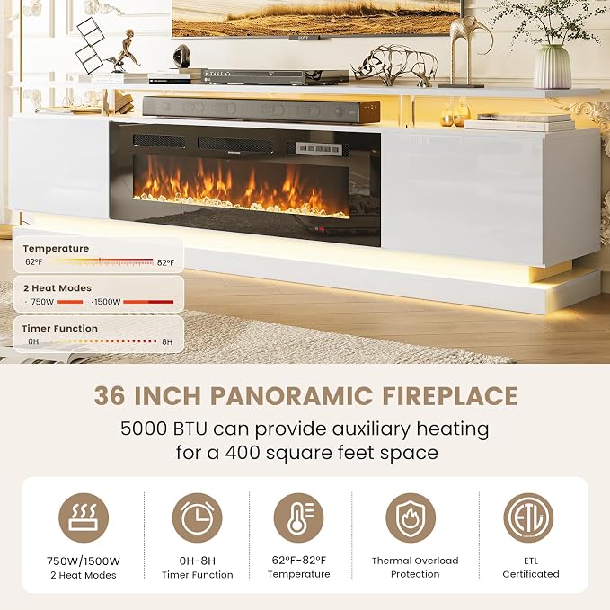 70" Fireplace TV Stand, Modern Entertainment Center for TVs Up to 80”, TV Console with Storage Cabinets, Media Console for Living Room, White TV Stand and Black Fireplace
