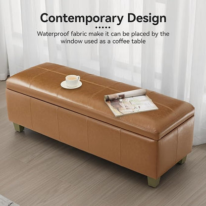WUTUTUEE 51" Faux Leather Storage Ottoman, Stitch Tufted Rectangle Upholstered End of Bed Storage Bench, Entryway Large Couch Ottoman with Wooden Legs, Light Brown