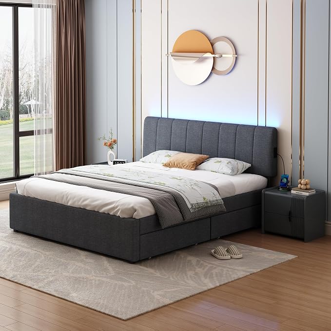 King Size Upholstered Platform Bed with 4 Storage Drawers | 4 Storage Drawers, USB/Type-C Charging,APP-Controlled LED Lights,No Box Spring Needed,Dark Grey Linen Fabric,Easy to Assemble