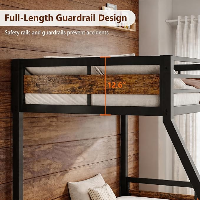 Einhomn Bunk Bed Twin Over Full, Heavy Duty Metal Bed with Ladder and Full-Length Guardrail, Large Under-Bed Storage Space, No Box Spring Needed, Noise Free, Rustic Brown