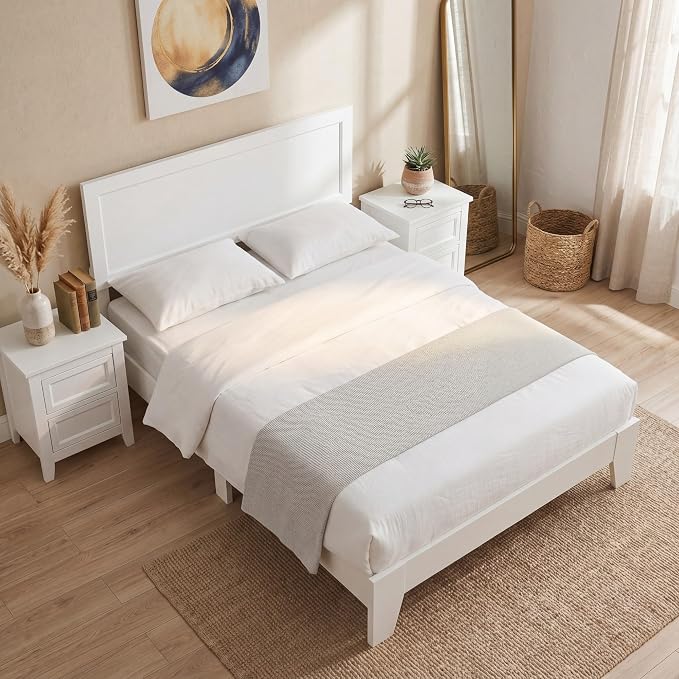 Giantex Full Size Wooden Bed Frame with Headboard, Wood Slat Support | Modern Platform Bed with Heavy Duty Mattress Foundation, Under-Bed Storage, No Box Spring Needed, Easy Assembly (White)