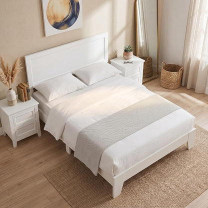 Giantex Full Size Wooden Bed Frame with Headboard, Wood Slat Support | Modern Platform Bed with Heavy Duty Mattress Foundation, Under-Bed Storage, No Box Spring Needed, Easy Assembly (White)
