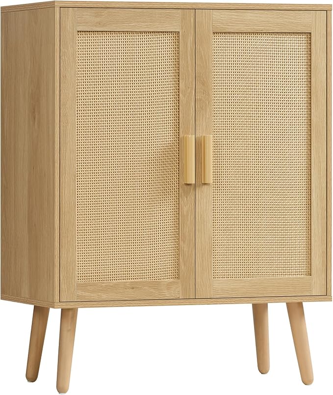 Iwell Storage Cabinet with 2 Shelves, Rattan Cabinet with 2 Doors, Sideboard Buffet Cabinets with Storage for Living Room, Dining Room, Entryway, Natural