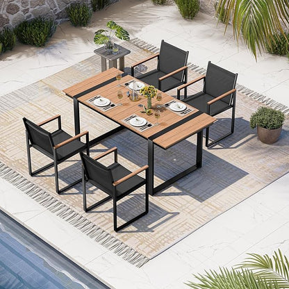 Outdoor Table and Chairs of 4, Patio Dining Sets, HDPS + Aluminum Outdoor Furniture Set with Umbrella Hole, Patio Dining Table Set (Gray-Teak)