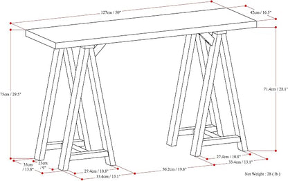 SIMPLIHOME Sawhorse Console Table - 50 Inch Wide Solid Wood Sofa Table in Dark Chestnut Brown, Modern Industrial Entryway Table for Living Room with Extra Thick Top and Sawhorse Legs