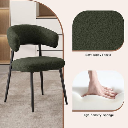 Dining Chairs Set of 4, Mid Century Modern Kitchen Chairs, Boucle Upholstered Dining Chair with Curved Backrest & Metal Legs for Kitchen Dining Room, Green