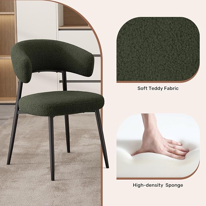 Dining Chairs Set of 2, Mid Century Modern Kitchen Chairs, Boucle Upholstered Dining Chair with Curved Backrest & Metal Legs for Kitchen Dining Room, Green