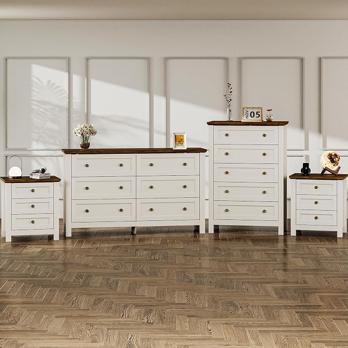 Farmhouse Dresser Nightstand Sets, 4-Piece Bedroom Furniture Set for Home | 5/6 Drawer Dresser Closet & 3 Drawer Nightstand Set of 2, Chest of Drawers for Bedroom, Living Room, Entryway, Antique White