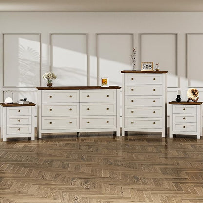 Farmhouse Dresser Nightstand Sets, 4-Piece Bedroom Furniture Set for Home | 5/6 Drawer Dresser Closet & 3 Drawer Nightstand Set of 2, Chest of Drawers for Bedroom, Living Room, Entryway, Antique White