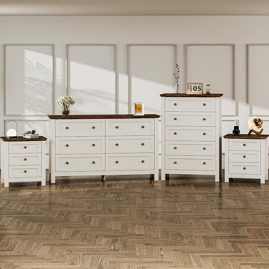 Farmhouse Dresser Nightstand Sets, 4-Piece Bedroom Furniture Set for Home | 5/6 Drawer Dresser Closet & 3 Drawer Nightstand Set of 2, Chest of Drawers for Bedroom, Living Room, Entryway, Antique White