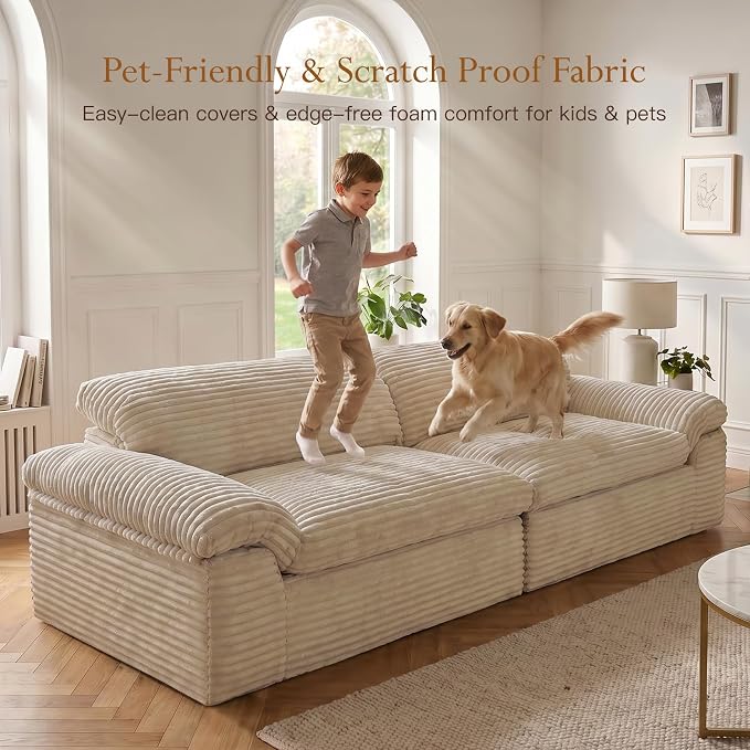 Vesgantti 118" Boneless Couches for Living Room, Modular Sectional Couch in Corduory | Memory Foam | No Assembly Required, Deep Seat Cloud Sofa for Apartment, Office (Camel)