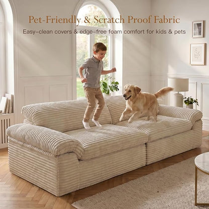 Vesgantti 118" Boneless Couches for Living Room, Cloud Sectional Couch & Deep Seat, 3 Seater Comfy Corduroy Modular Sofa, Modern Slouch Couch, No Assembly Required, Beige
