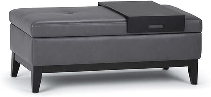 SIMPLIHOME Oregon Storage Ottoman Bench with Tray - 42 inch Wide Upholstered Vegan Leather Rectangle Storage Ottoman Bench in Stone Grey, Transitional Tufted Ottoman for Living Room with Lift-Up Lid